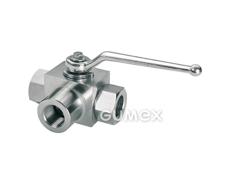 Dreiwege-Kugelhahn gebohrt in L, Innengewinde BSP 1/4", 500bar, -20°C/+100°C, Stahl, 